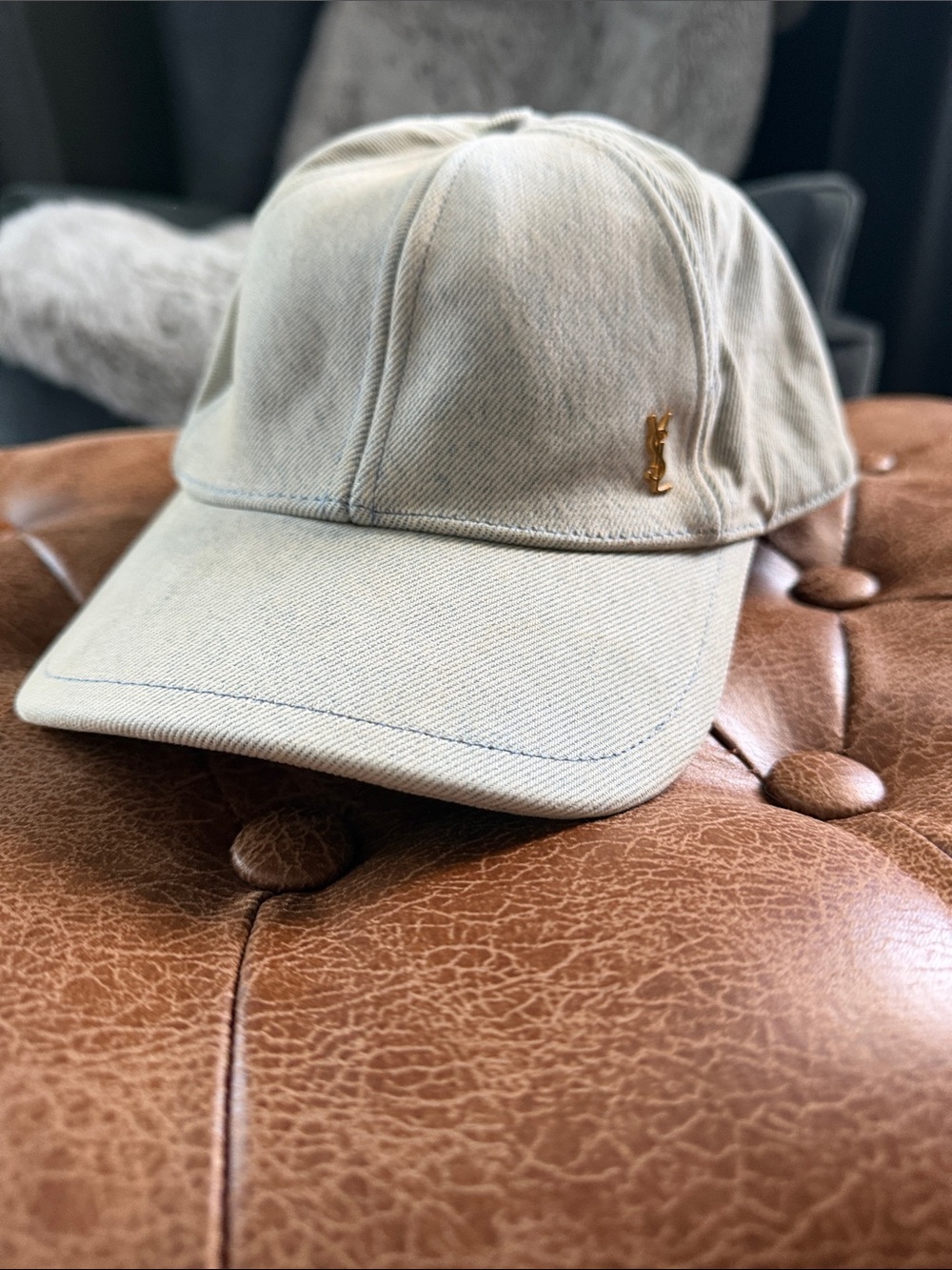 Women’s Light Denim Baseball Cap with Gold Accent